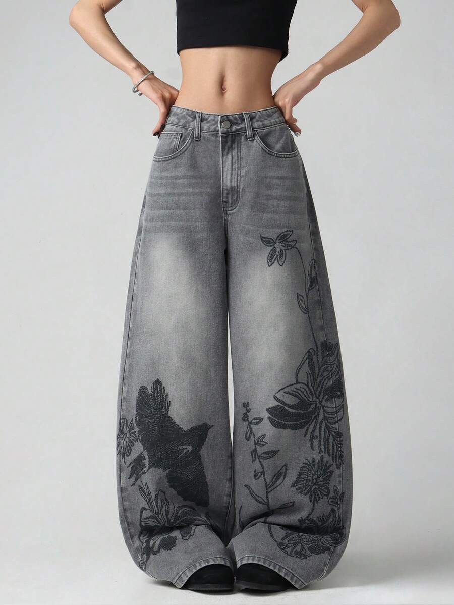 1pc Women's Casual Loose Fit Gray Printed Denim Wide Leg Jeans, Comfortable All-Match Streetwear Style Jeans (Belt/Accessories Not Included) Fall - Light Grey - View 1