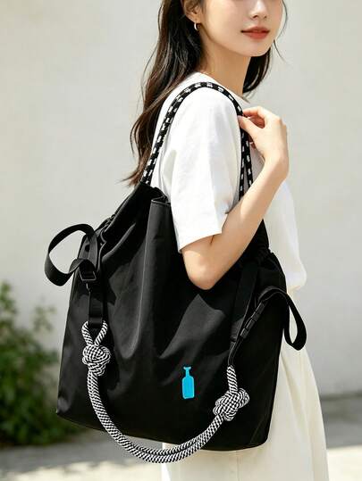 1pc New Embroidered Blue Bottle Pattern Nylon Foldable Shopping Bag, Large Capacity Tote Handbag For Women, Commuting And Shopping