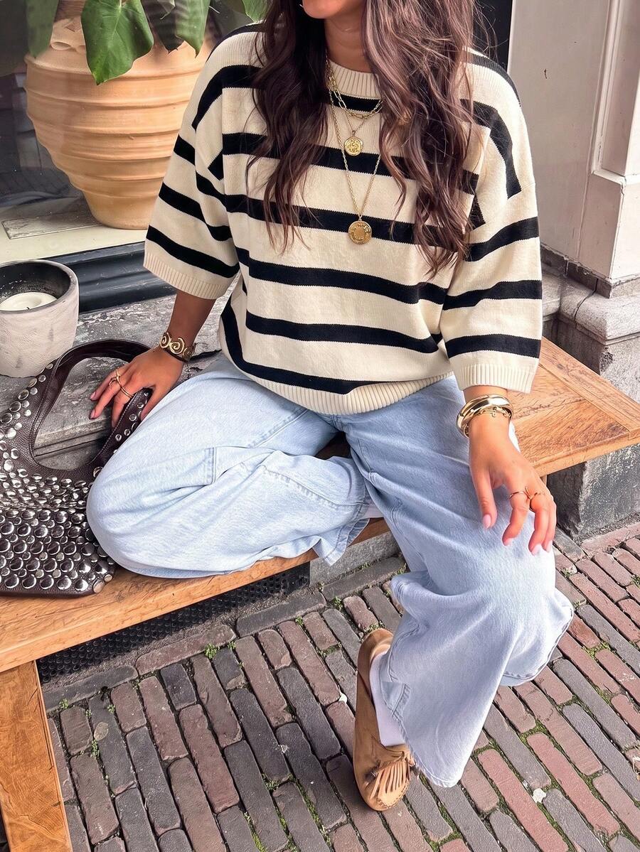 女款新款秋季拼色條紋針織上衣,休閒日常通勤學院風 - 白杏拼黑色 - 查看 1