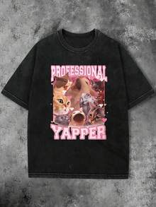 Wash-Effect Cat Theme Print Loose Round Neck Short Sleeve Women Casual Tee Winx Anime Clothing - 黑色 - 查看 5