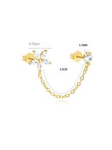 1pc S925 Sterling Silver Double Piercing Chain Flower Stud Earrings For Women, Delicate Niche Design, Sweet Elegant Luxury Style, Personalized Layered Wear, Fashion Daily Commute Date Gentle Atmosphere Accessory - Flowers - View 9