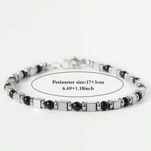 1pc Unisex Black Onyx & Matte Silvery Cube Bead Bracelet , Minimalist Sleek Stackable Jewelry, Gift For Women And Men - Black and White - View 4
