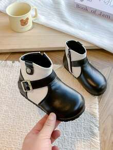 Vintage Patchwork Belt Buckle Kids Boots, Side Zipper Soft Sole Unisex Children's Short PU Boots - Black - View 5