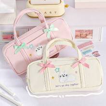 2pcs, Simple Handheld Cat Pencil Bag Zipper Double Bow Stationery Storage Bag Cosmetic Storage Bag Durable Desktop Pen Bag Student Back To School Office Stationery Storage Bag - Pencil Case - View 4