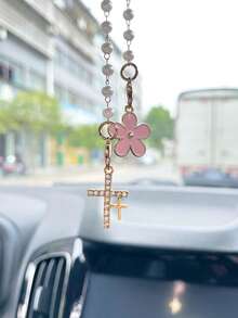 1pc/3pcs, Charming Double Cross Flower Pearl Chain Mirror Decor, Cute Pink Five-Petal Flower Car Rearview Mirror Hanging Ornament, Car Interior Accessory, Women's Car Essential, Ladies Room Decor, Bag Charm, Fun Gift - A - View 1