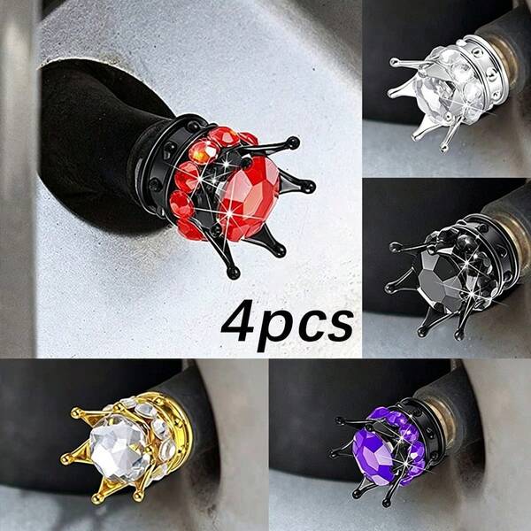 4pcs/Set Car Rhinestone Valve Stem Caps, Valve Core Caps, Personalized Modified Car Crown Rhinestone Tire Caps