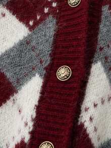 Women's Argyle Cardigan Sweater, Soft Long Sleeve Knit Top, Suitable For Christmas, Halloween, Thanksgiving - Red - View 7