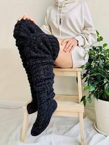 1 Pair Women's Over-The-Knee Knitted Socks, Warm Fashion Boot Socks Leg Warmers, Solid Color Striped Cable Knit, Winter Christmas Warm Accessories - Multicolor - View 13