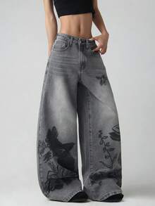 1pc Women's Casual Loose Fit Gray Printed Denim Wide Leg Jeans, Comfortable All-Match Streetwear Style Jeans (Belt/Accessories Not Included) Fall - Light Grey - View 5