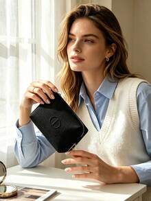 Black Textured Linen Embossed CD Logo Makeup Bag, Gold Zipper Large Cosmetic Storage Pouch, Portable Travel Beauty Organizer Elegant Gift For Women DIOR-GIFT-137 - Black - View 8