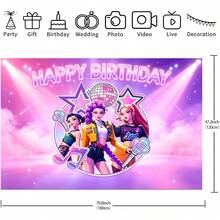 KPop Demon Hunters Kpop Theme Birthday Backdrop Banner, K-Pop DemonHunters Character Banner, Neon Glowing Disco Ball & Music Note Design, With HAPPY BIRTHDAY Text, Suitable For Photo Booth Party Decoration - Multicolor - View 9