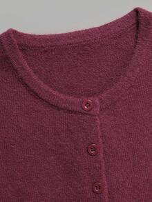 Autumn Women Round Neck Knit Cardigan Long Sleeve Button Front Split Hem Burgundy Slim Casual Festival Outfit - Red - View 5