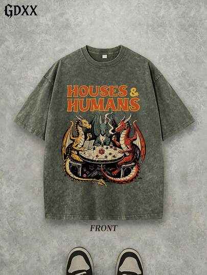 1Pcs Men Short Sleeve T Shirt Crew Neck Fantasy RPG D20 Dice Dragon Battle Graphic Print Gamer Casual Game Night Gift Summer Top