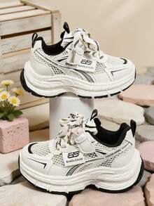 New Kids Breathable Mesh Thick Sole Chunky Sneakers, Hook And Loop Easy On/Off Girls Sports Shoes, Anti-Slip Shock-Absorbing Thick Sole School Shoes, Boys And Girls Fashionable Elegant Autumn Shoes, Versatile Daily Walking School Shoes For Girls - Black - View 5