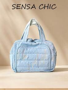 Embroidered Line Decor Large Capacity Multi-Compartment Water-Resistant Tote Bag With Zipper Closure, Casual Lazy Style Handbag, Suitable For Students, Office Workers, Travel, Daily Storage - Blue - View 1