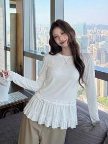 Kaos Lengan Panjang Model Balet Terbaru Musim Gugur dengan Hiasan Renda di Bagian Bawah, Atasan Dasar yang Melangsingkan untuk Wanita - Putih - View 2