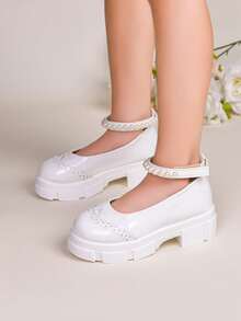 New White Pearl Ankle Strap Platform Mary Jane Shoes, Vintage Style, Versatile Comfortable Thick Sole For Girls - White - View 6