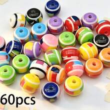 60pcs 10mm Colorful Geometric Striped Resin Round Beads, Contrast Mosaic Straight Hole Loose Beads, DIY Phone Chain Handmade Beaded Jewelry Accessories - Multicolor - View 9