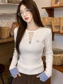 Women's Ribbed Knit Sweater Round Neck Long Sleeve Top With Cross Tie Hollow Design Plaid 2 In 1 Cuffed Sleeves Slim Fit Base Layer Sweet Pure Desire Young Lady Spicy Girl Style Autumn Daily Commute Date Inner Wear - White - View 6