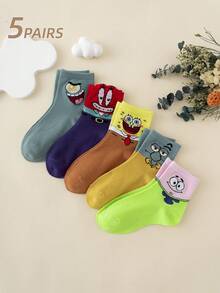 SpongeBob SquarePants 5 Pairs SquarePants Series Contrast Color Pattern Fun Personalized Kids Mid-Calf Socks - Multicolor - View 2