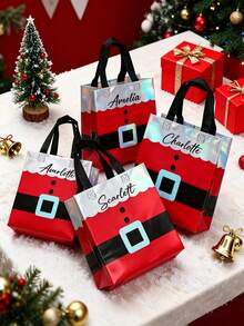 1/5PCS Customized Red Gift Bag For Christmas Day, Personalized With A Name, Featuring A Handle And Laser Element Design, Adorned With A Santa Claus Pattern. It'S A Party Tote Bag Made Of Non-Woven Fabric, Gift For Her/Him - Multicolor - View 3