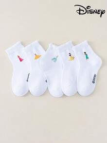 5 Pairs Girls Disney Princess Aurora, Belle, Cinderella, Snow White, Jasmine Printed Ruffle Short Socks, Soft Breathable High Elastic Comfortable, Suitable For Daily Home And School Wear - Multicolor - View 7