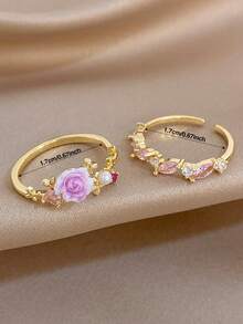 1Pc/Set Elegant Gold Plated Pink Floral Marquise Zirconia Open Ring,Jewelry Set For Women,Party,Daily,Christmas,Wedding,Boho,Valentine Birthday Gifts - Multicolor - View 6