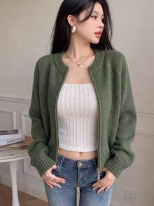 Warm Reversible Zip-Up Cardigan Sweater For Women, Autumn/Winter, Back To School Season Fall - Green - View 1