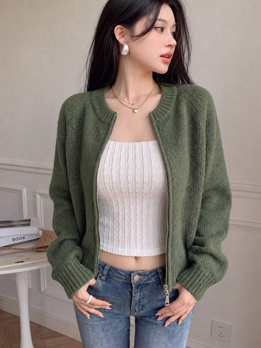Warm Reversible Zip-Up Cardigan Sweater For Women, Autumn/Winter, Back To School Season Fall - Green - View 1
