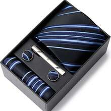 AlanKing Men's Striped Tie, Pocket Square, Cufflinks And Tie Clip 4-Piece Set Premium Gift Box, Suitable For Holiday Gifts, Business Work, Formal Weddings,Halloween - Color Mixing - View 17