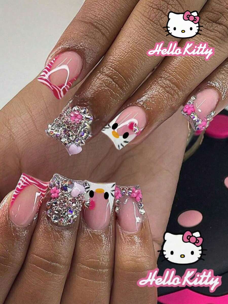 Sanrio Hello Kitty 24片短方型3D凝膠法式指尖穿戴甲-可愛Hello Kitty裝飾配水鑽、3D愛心與花朵設計,完美貼合的壓克力假指甲套組,適合女性與女孩日常及派對使用 - 彩色 - 查看 1