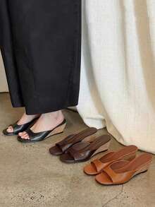 2026 Spring/Summer New Women's Faux Leather Mule Wedge Open-Back Sandals - Black - View 5