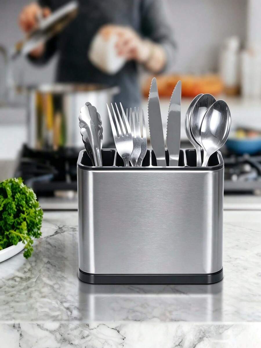 Stainless Steel Cutlery Holder - Rust-Resistant, Durable, Separate Compartments, Suitable For Forks, Knives, Spoons And Chopsticks - Modern Kitchen Utensil Organizer, Ideal Gift Item, Kitchen Cutlery Rack - View 1