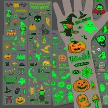 zillor 24 Sheets Fluorescent Halloween Temporary Tattoo Stickers, 250 Unique Designs Total, Glow-In-The-Dark Pumpkin, Vampire, Skull, Ghost, Bat, Spider Patterns, Halloween Party Gifts, Decorations, Costume Party Accessories, Prank Makeup Props - Green - View 5