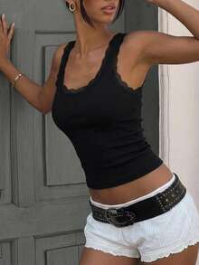 Women's Lace Patchwork Fitted Casual Everyday Top - Black - View 3