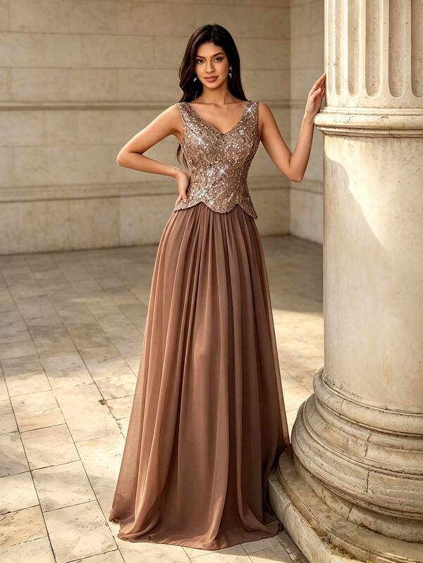 Summer/Fall Elegant Sleeveless V Neck 2 In 1 Evening Gown, Scalloped Sequin Peplum Bodice Flowy Chiffon A Line Maxi Dress For Party Wedding