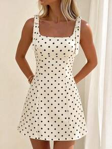 Women's Summer Solid Color Sleeveless Dress, Back Zipper Design, Casual Multi-Functional Butter Yellow Dress Elegant Vacation - Apricot Base With Black Spots - View 5
