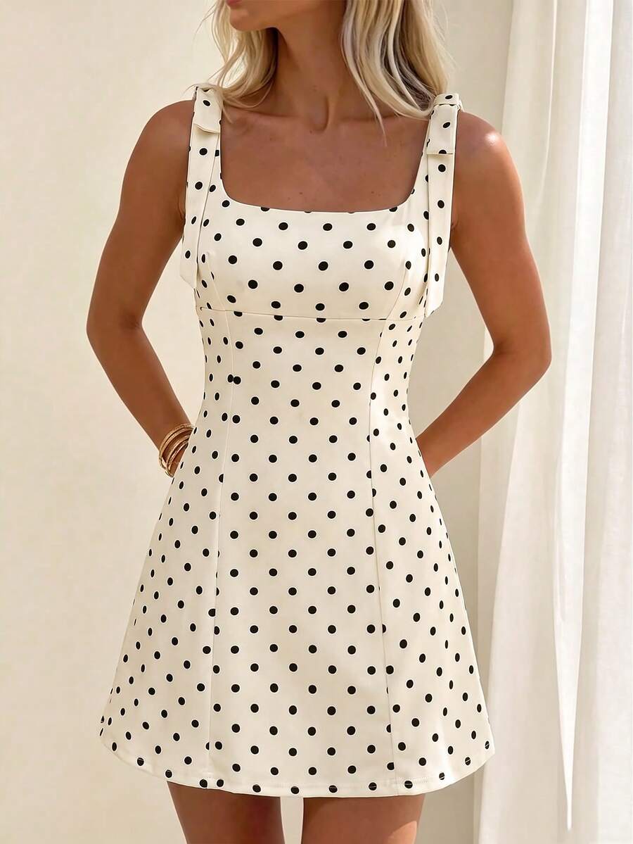 Gaun Tanpa Lengan Motif Polkadot Wanita, Desain Resleting Belakang, Gaun Liburan Elegan Motif Polkadot Kasual Multifungsi - Dasar aprikot dengan bintik-bintik hitam - View 1