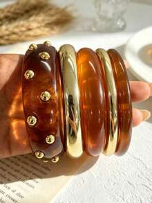 5 piezas/1 pieza Conjunto de brazalete de acrílico con remaches color ámbar y brazalete CCB elegante y casual vintage para mujer, adecuado para uso diario, fiestas, vacaciones, regalo festivo - Multicolor - Ver 4