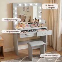 White Dressing Table Set With LED Lights Mirror, Vanity Makeup Table 2 Large Drawers And Stool - Light Grey - View 3