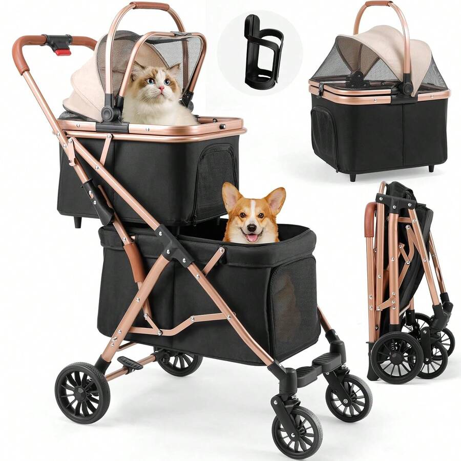 3-In-1 Foldable Dog Buggy Up To 20kg | Foldable Cat Stroller, Pet Buggy With 4 360° Rubber Wheels, With Storage Basket And Cup Holder - 金+黑 - 查看 1