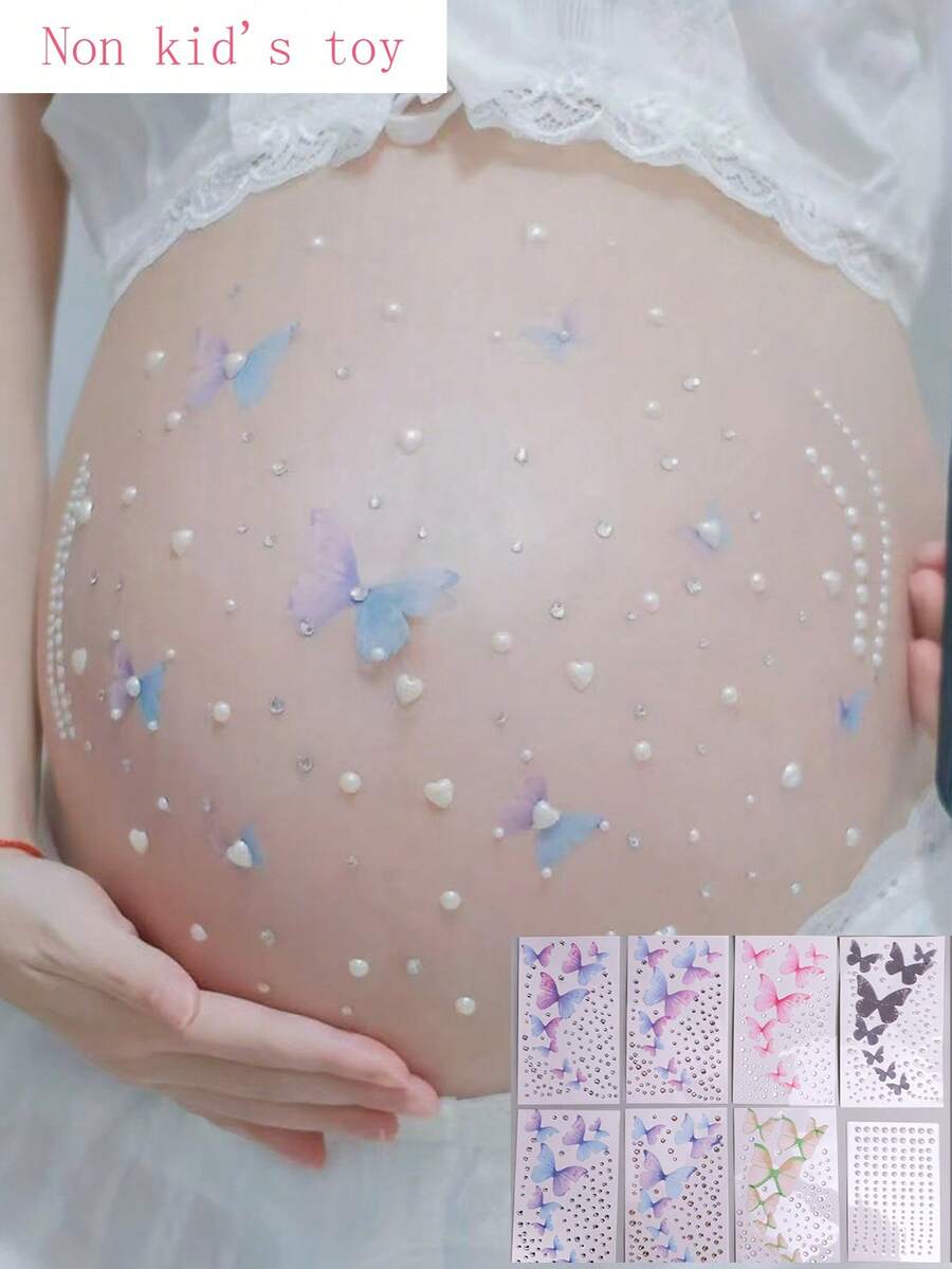孕婦孕肚貼 水晶貼鑽派對拍照貼 彩色珍珠愛心 3D裝飾圖案(蝴蝶套組),非嬰兒玩具 - 彩色 - 查看 1
