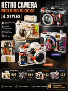 1pc 428-556 PCS Retro Camera Building Blocks, 4 Styles Available, Semi-Mechanical Camera Model Toy, Visible Gear Details, Mini Bricks DIY Creative Build, Desktop Display Ornament, Gift Idea For Home Office Shelf Decor - Clear - View 3