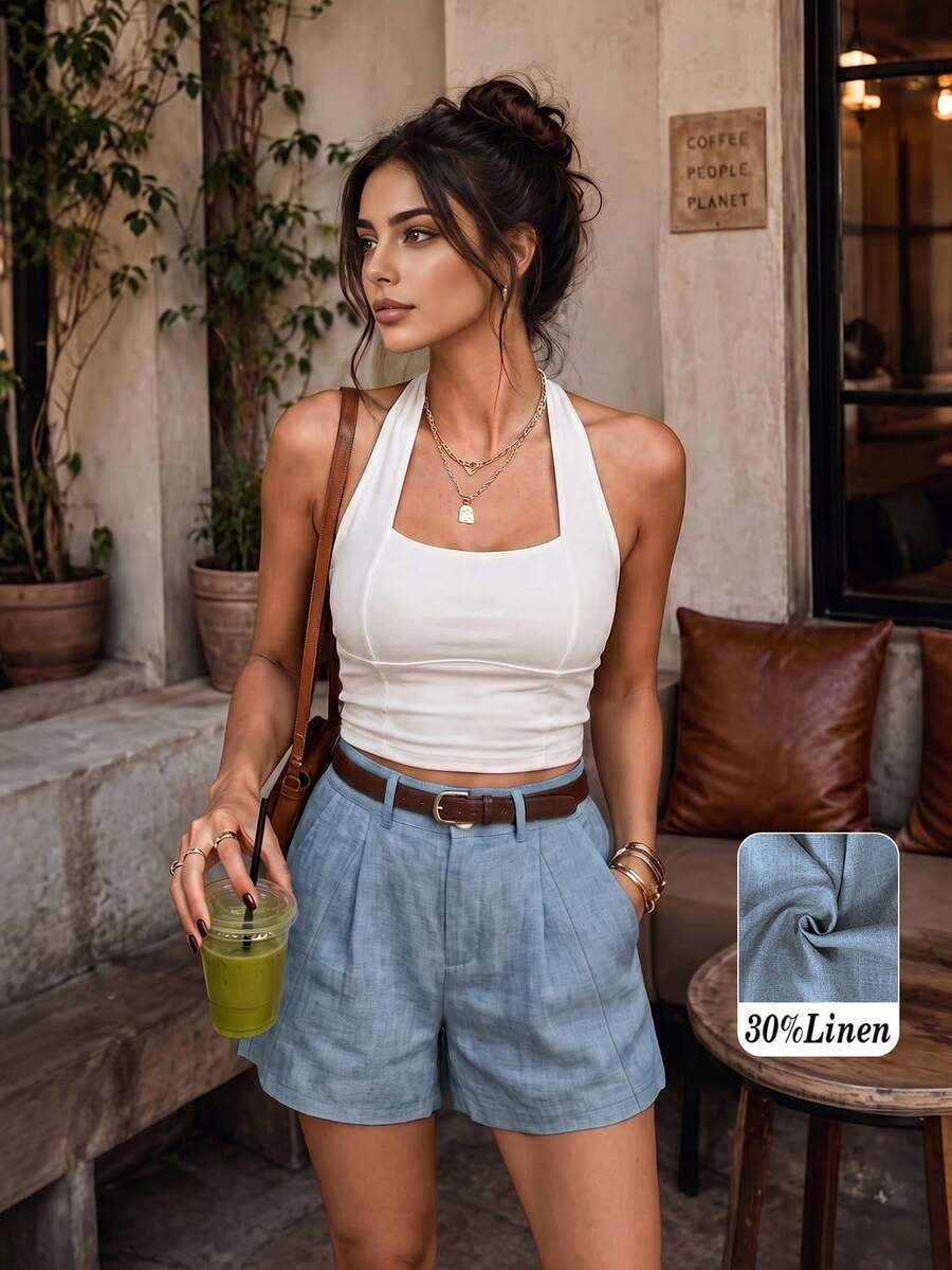 Women's Summer Casual Linen Blend Pleated Design Side Pocket A-Line Shorts - Dusty Blue - View 1
