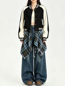 New Plaid High Waist Skirt With Decorative Drawstring Design, Unisex, Adjustable Tie, Ruffle Hem, Suitable For Home Wear, Autumn/Winter - Multicolor - View 11