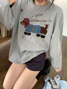 Women's Casual Loose Fit Sweatshirt With Dachshund & Letter Print, Versatile For Autumn/Winter - Grey - View 6