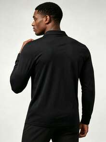 1pc Men's Spring/Autumn Long Sleeve Polo Shirt, Slim Fit Collared Top, Suitable For Sports, Outdoor, Business And Daily Commute - Black - View 2