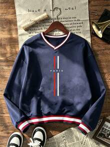 Tween Boy 1pc Contrast Color Print Crew Neck Sweatshirt, Unisex Kids' Clothing, Matching Outfits For Siblings, Best Friends, And Family, Long Sleeve Top For Young Students, Suitable For Autumn And Winter - Navy Blue - View 5
