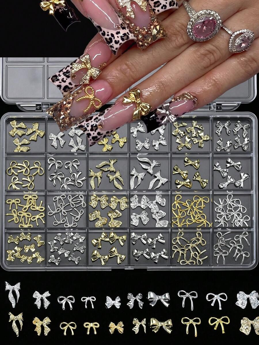 24 rutnät/ask guld- och silverfärgad legering rosettformade nagelrhinstenar i metall, 3D-rosettnagelsmycken, nagelkonsttillbehör för DIY-manikyr