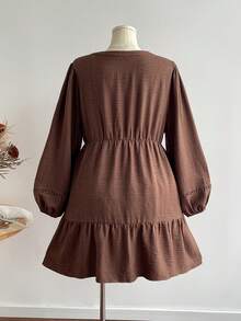 Women's Plus Size Brown Hollow Lace Lace-Up Vintage Bohemian Dress, Suitable For Autumn/Winter Elegant - Brown - View 5